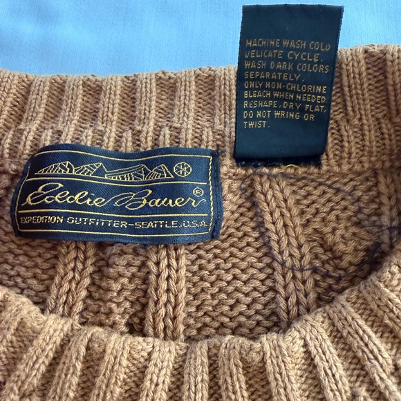 Vintage Eddie Bauer Men L Cable Knit Fisherman Cotton Crewneck Sweater Brown Tan - Picture 6 of 7